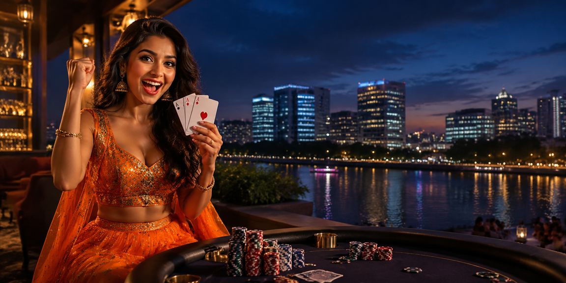 Indian model enjoying online Teen Patti game on mobile